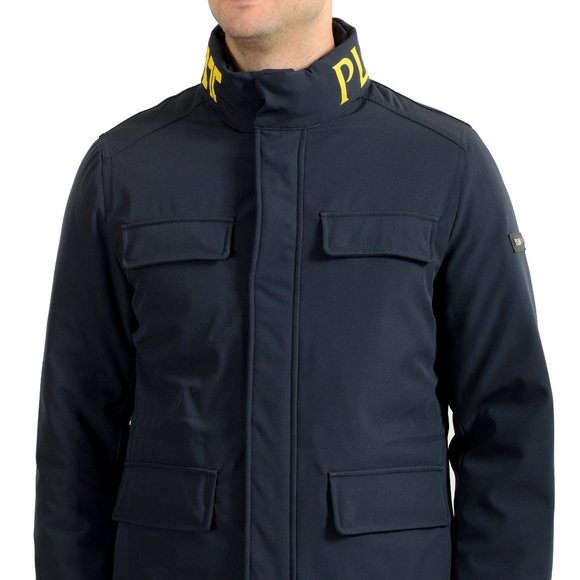 Plein Sport Men's Navy Blue Logo Print Zip Up Parka Jacket